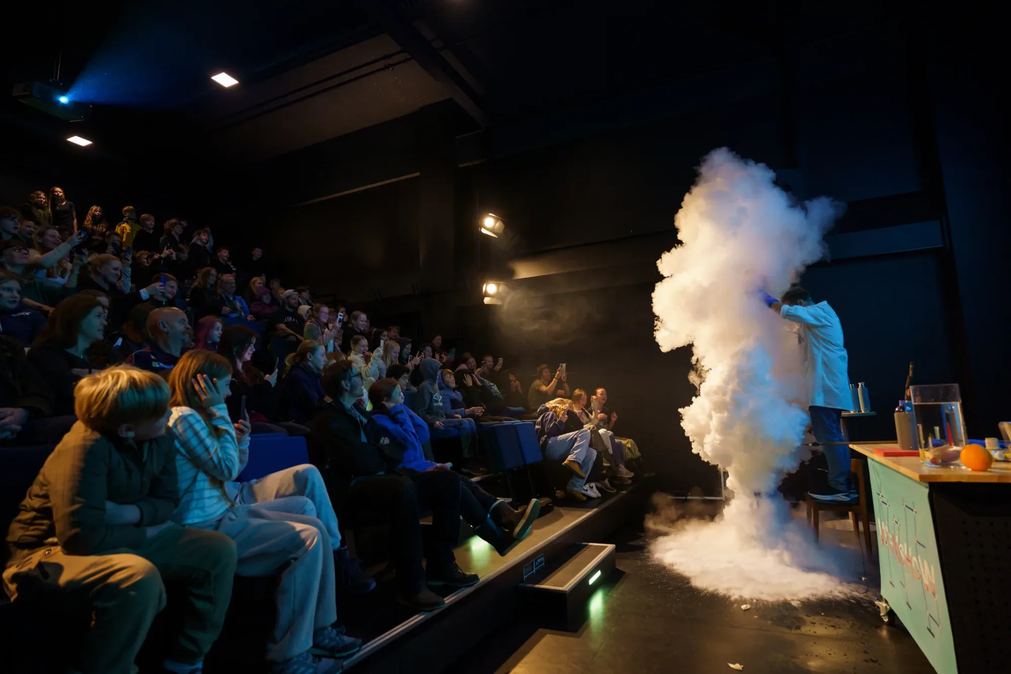 Engasjert publikum og barn som opplever et spennende og flammerikt vitenshow
