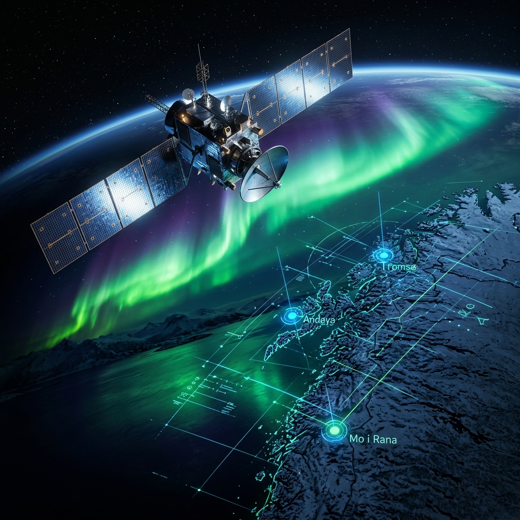 Illustrasjon av en satellitt i bane over Nord-Norge med nordlys, med markerte og geografisk korrekt plasserte knutepunkter for Mo i Rana, Andøya og Tromsø.